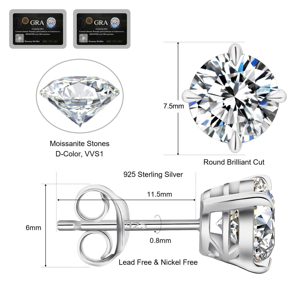 Orecchini da donna e uomo in Moissanite 1ct argento sterling 925 ipoallergenici con taglio brillante rotondo