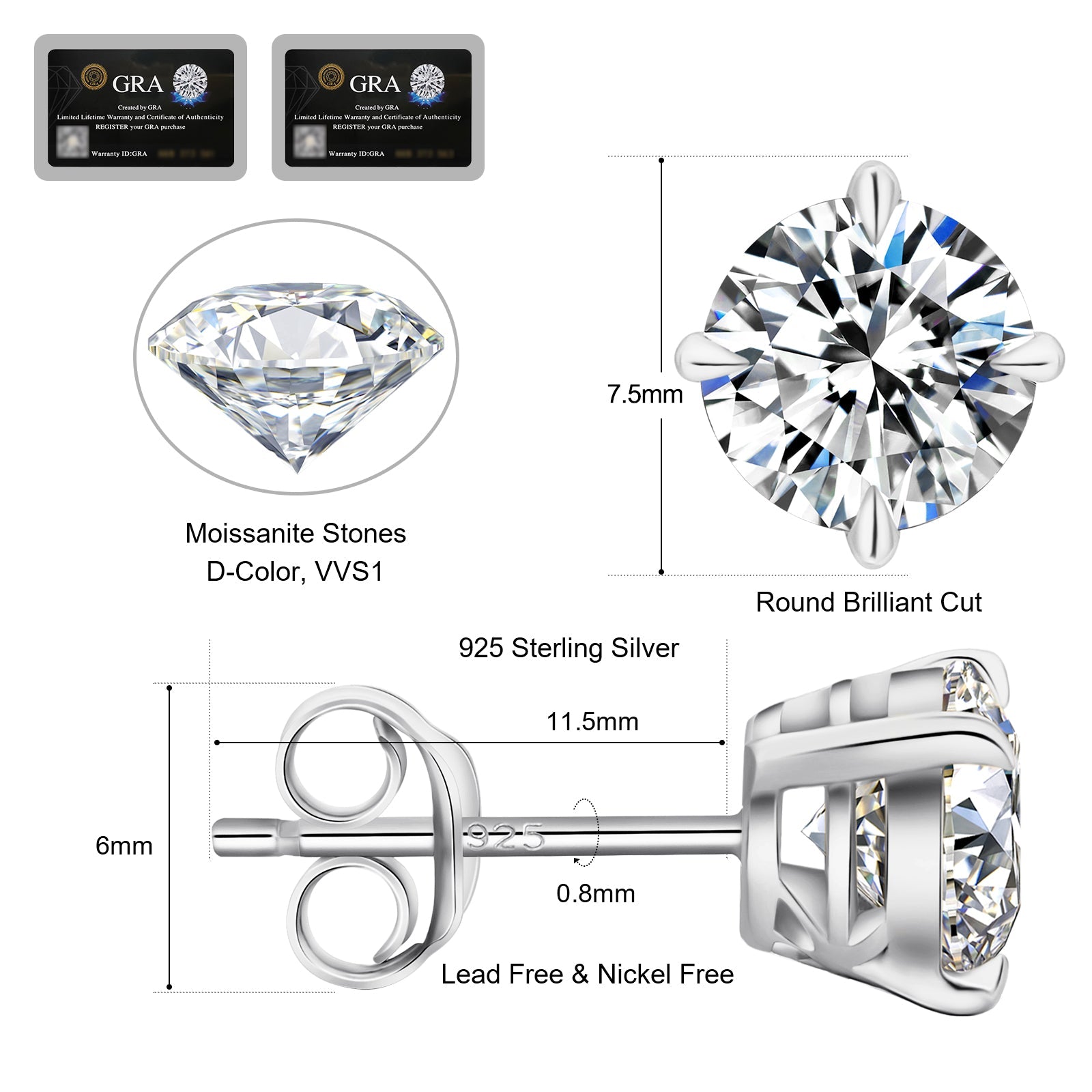 Orecchini da donna e uomo in Moissanite 1ct argento sterling 925 ipoallergenici con taglio brillante rotondo